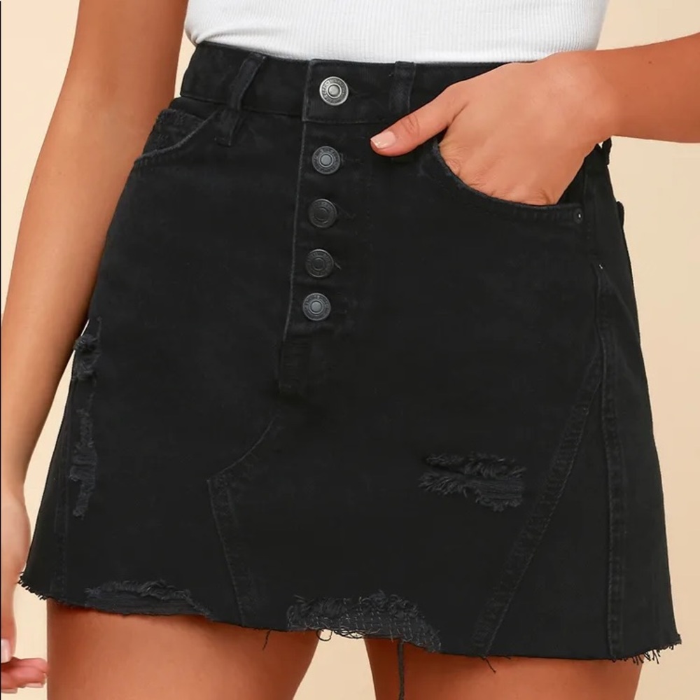 Free People A-Line Black Distressed Denim Skirt